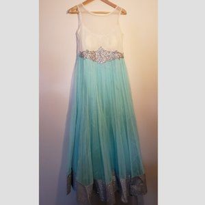 Elegant Blue and White Long Dress with Silver